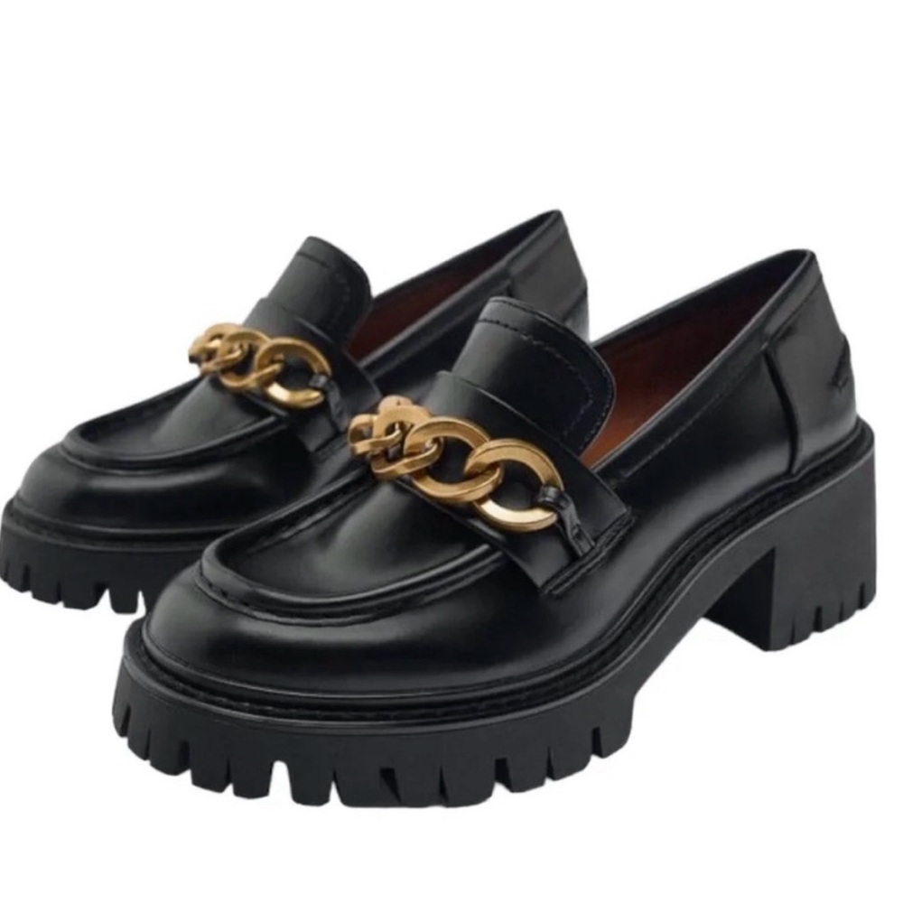 ZARA Gold Chain Detail Lug Sole Heeled Loafers EU38 Black Academia Preppy Grunge